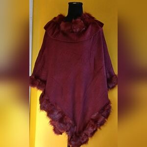 Beautiful Burgundy Faux Fur Trimmed Women's Pancho